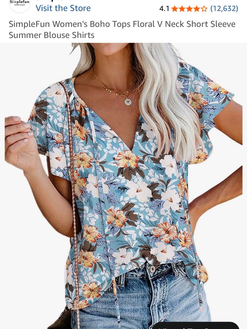 Blue Floral V-Neck Short Sleeve Blouse